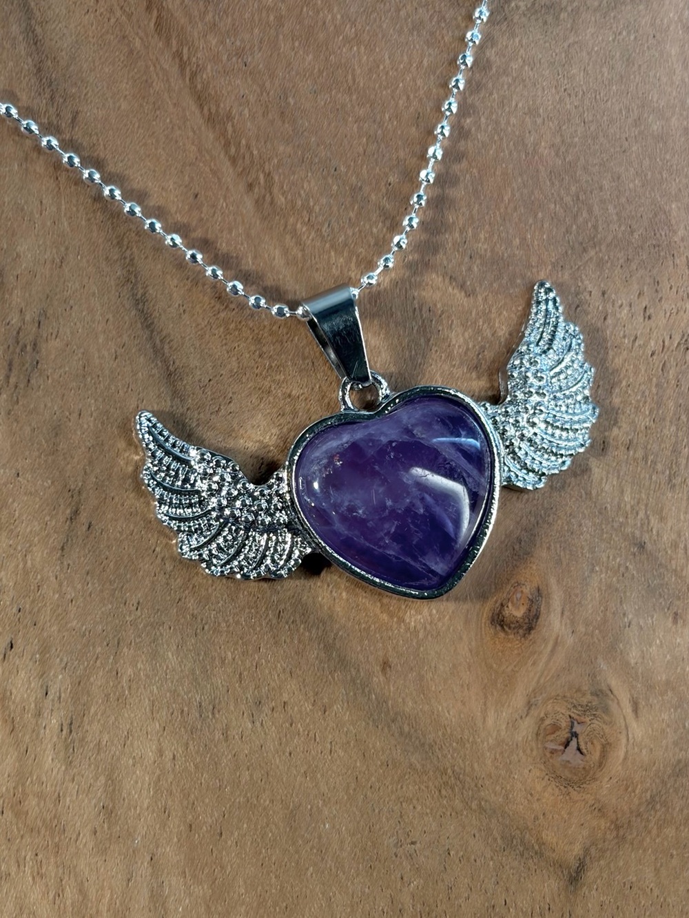 Amethyst Silver Winged Heart Pendant Necklace - Picture 9 of 13